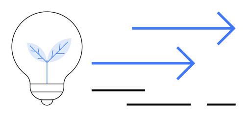 Lightbulb with leaf illustrating eco innovation accompanied by two blue arrows. Ideal for topics like sustainability, green technology, forward thinking, environment-friendly initiatives