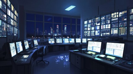 Poster - Nighttime View of a Modern Control Room with a City Skyline