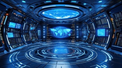 Leinwandbilder - Futuristic Control Room with Earth View and Digital Interface