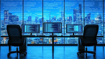 Fototapete - Three Computers and Two Chairs Facing a Window with a Nighttime City View