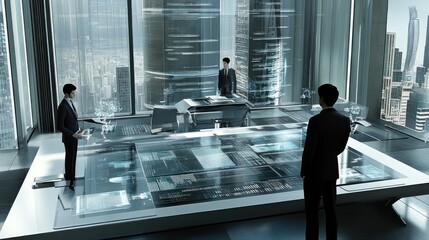 Poster - Three Men in Suits Standing in a Futuristic Office with a City View