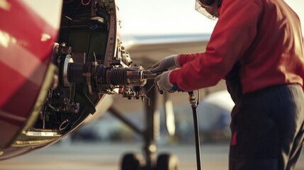 A plane safety inspection focusing on the fuel system, with an aviation technician ensuring all connections are secure and safe for flight