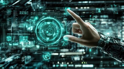 Poster - A robotic hand interacts with a futuristic digital interface.