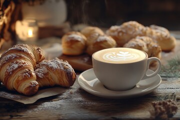 A cozy cafe scene with a cup of frothy cappuccino next to a selection of buttery croissants and Danish pastries