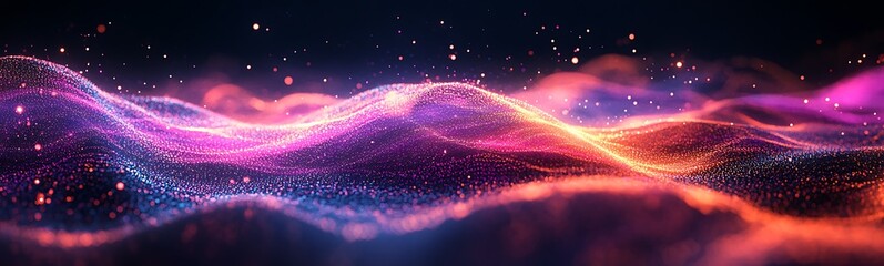 Poster - A vibrant abstract illustration depicting flowing waves of colorful light against a dark background.