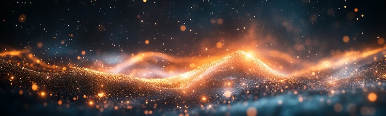 Aufkleber - A vibrant, abstract depiction of glowing waves and particles, showcasing an ethereal blend of warm and cool colors in a cosmic setting.