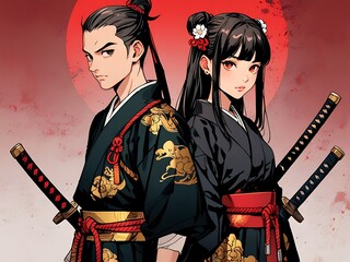 Anime boy and girl in samurai uniform style with vertical background action-oriented anime wallpaper
