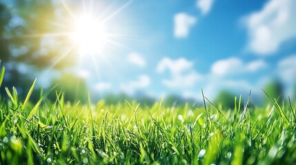 Aufkleber - A bright, sunny day illuminates lush green grass under a clear blue sky, creating a serene and vibrant outdoor scene.