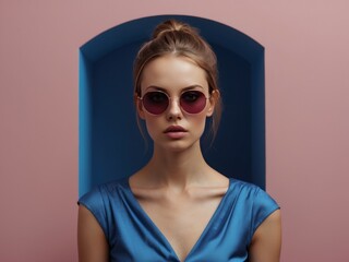 Portrait of fashion woman in blue cloths standing against plain pink wall. AI Generative