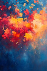 Poster - A vibrant abstract painting featuring bursts of warm colors like red, orange, and yellow against a cool blue background, creating a dynamic and energetic atmosphere.