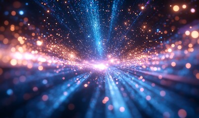 Leinwandbilder - An abstract image of vibrant blue and orange glowing particles radiating outward, creating a sense of depth and movement.