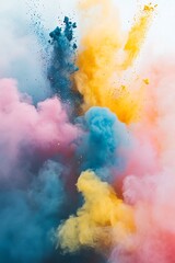 Fototapete - A vibrant explosion of colored smoke creating a stunning visual effect with shades of pink, blue, and yellow against a light background.