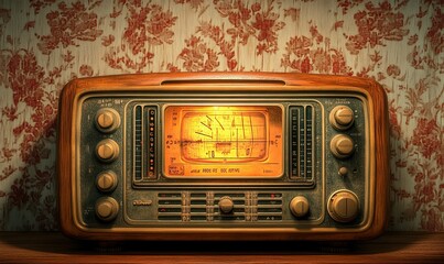 Vintage radio with glowing screen on a wooden shelf.