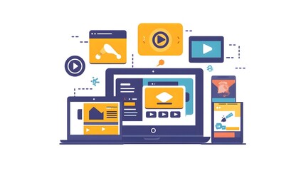 A flat vector illustration of web design and development with a laptop, tablet computer displaying an online video platform interface on the screen