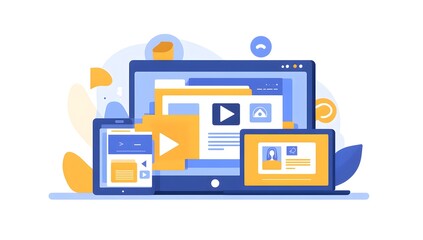 A flat vector illustration of web design and development with a laptop, tablet computer displaying an online video platform interface on the screen