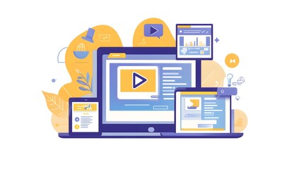 A flat vector illustration of web design and development with a laptop, tablet computer displaying an online video platform interface on the screen