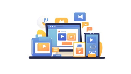 A flat vector illustration of web design and development with a laptop, tablet computer displaying an online video platform interface on the screen