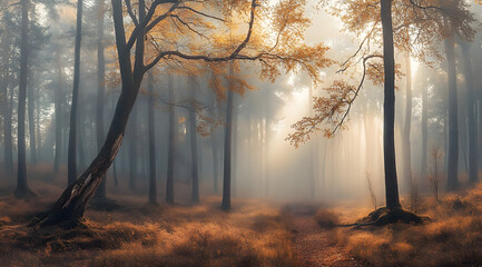 Poster - Idyllic tranquil scene of early foggy morning in the autumn forest