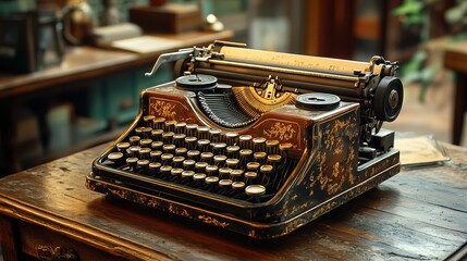 A classic typewriter sits on a wooden table