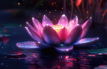 Wall Mural - A glowing neon lotus flower with ethereal light and colors on a dark background