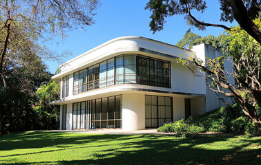 A modern villa with large windows and a glass facade, spanning two floors with an entrance area in front of the building.