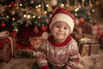 Wall Mural - A little kid boy wearing a red and white sweater and santa hat sitting on the floor near the Christmas tree with a giftboxes. AI generative