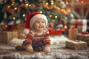 Wall Mural - A little kid boy wearing a red and white sweater and santa hat sitting on the floor near the Christmas tree with a giftboxes. AI generative