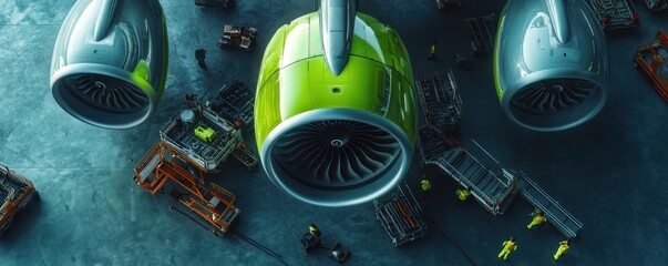 Close-up of Aircraft Engines from Above in a Modern High-Tech Workshop Setting