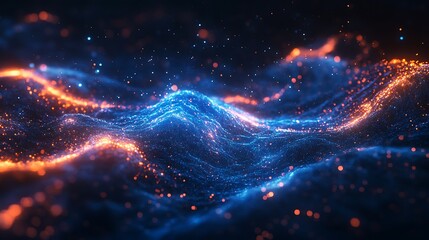 Poster - A vibrant blend of blue and orange swirling particles, creating a dynamic, abstract wave-like effect infused with energy and movement.