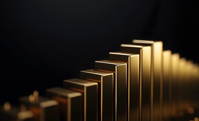 A gold bar graph rising in the background with black lines and solid dark gray colors, representing stock market growth or financial success,