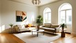 © uon - Elegant minimalist living room, mid-century modern sofa, abstract geometric artwork, large arched windows, natural light, hardwood floors, potted palm plant, round coffee table, bright white walls, hi