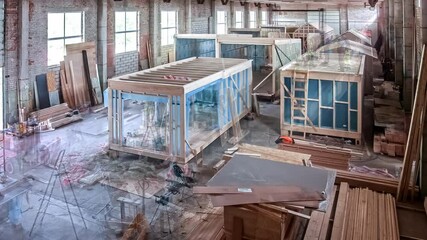 Wall Mural - Prefabrication Of Wooden Modular House In Manufacturing Industry. timelapse