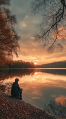 Wall Mural - A person sitting at the edge of a calm lake at sunset, gazing at their own reflection in the still water