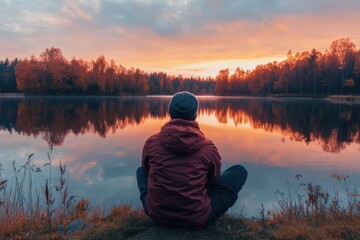 A person sitting at the edge of a calm lake at sunset, gazing at their own reflection in the still water