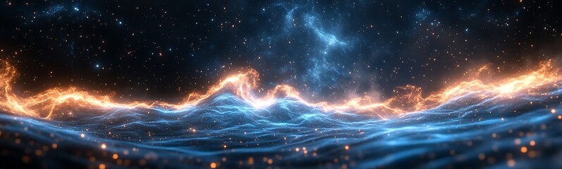 Leinwandbilder - A stunning digital representation of a cosmic seascape with vibrant blue waves and fiery orange highlights, evoking a mystical and otherworldly atmosphere.
