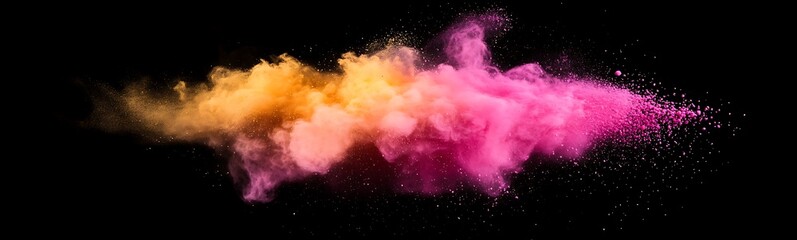 Aufkleber - A vibrant explosion of colored powder clouds in pink, yellow, and orange on a black background, creating a stunning visual effect.