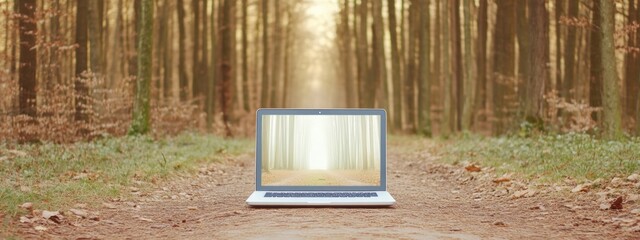 Poster - Minimalist Laptop in Forest Path Blending Technology and Nature in Soft Pastels