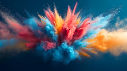 Poster - A vibrant explosion of colorful powder against a blue background, creating a dynamic and artistic visual effect.