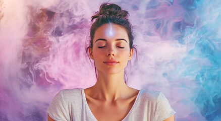 Wall Mural - A woman meditating with an energy aura around her, realistic in appearance, with bright colors and a beautiful background