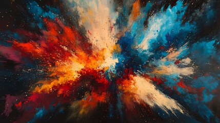 Leinwandbilder - A vivid abstract explosion of colors in shades of red, orange, blue, and white against a dark background, evoking feelings of energy and movement.