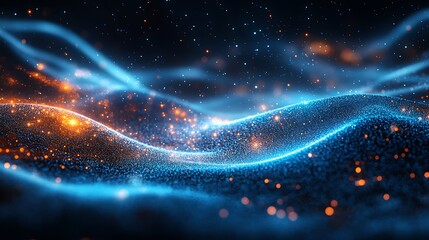 Poster - A mesmerizing wave of blue and orange lights, resembling fluid patterns in a digital realm, captures a sense of energy and movement.