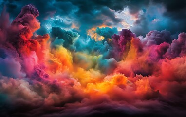 Aufkleber - A vivid explosion of colorful clouds, blending hues of blue, orange, and purple, creating a dramatic and surreal sky.