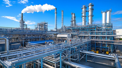 Refinery plant with steam rising from various towers, showcasing intricate piping and industrial structures under clear blue sky. scene conveys sense of energy and productivity