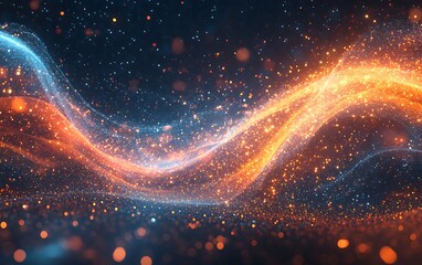 Poster - An abstract image featuring vibrant waves of orange and blue light, interspersed with sparkling particles against a dark background.