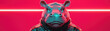 © Wonderful Studio - A futuristic hippo character in a stylish black jacket, set against a vibrant pink background with a neon line, exuding a unique, bold presence.