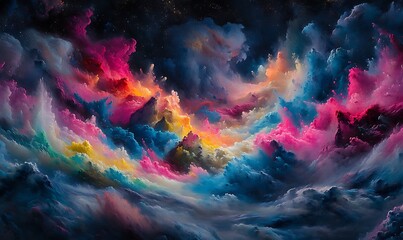 Aufkleber - A vibrant, cosmic scene filled with swirling clouds of color, showcasing deep blues, purples, pinks, and hints of gold, resembling a nebula in space.