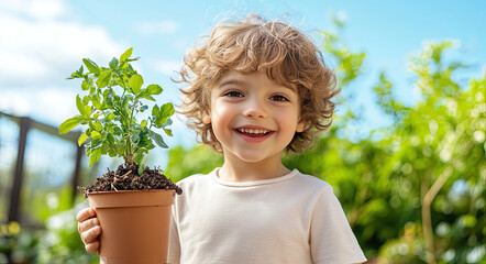 Happy child holding a potted plant outdoors against a blue sky background