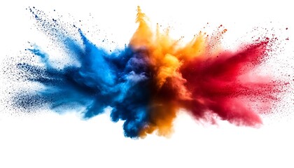 Poster - A vibrant explosion of colored powder, featuring shades of blue, orange, and red against a white background, creating a dynamic and artistic effect.