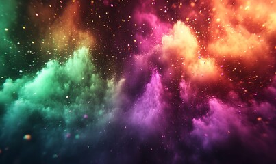 Poster - A vibrant display of colorful clouds and particles, creating a mesmerizing cosmic scene filled with dynamic hues and textures.