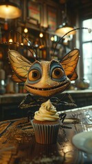 Canvas Print - A friendly creature enjoys a cupcake. AI.